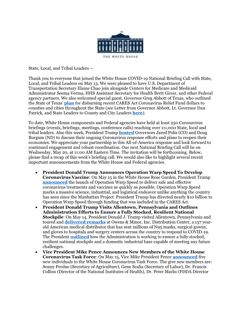 State, Local, and Tribal Leaders – Thank You to Everyone That Joined the White House COVID-19 National Briefing Call with Stat