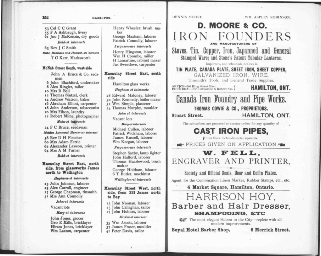 Canada Iron Foundry and Pipe Works. 18 John Anderson, Tobacconist 34 Thomas Murphy, Moulder THOMAS COWIE & CO., PROPRIETORS