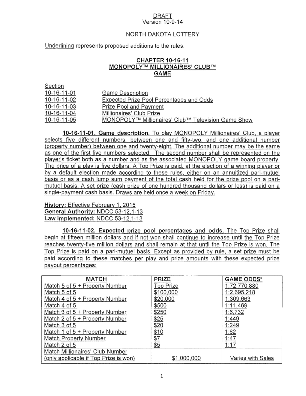 DRAFT Version 10-9-14 NORTH DAKOTA LOTTERY Underlining