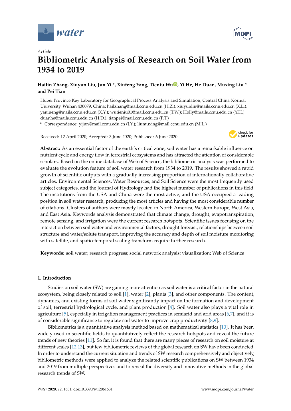 Bibliometric Analysis of Research on Soil Water from 1934 to 2019