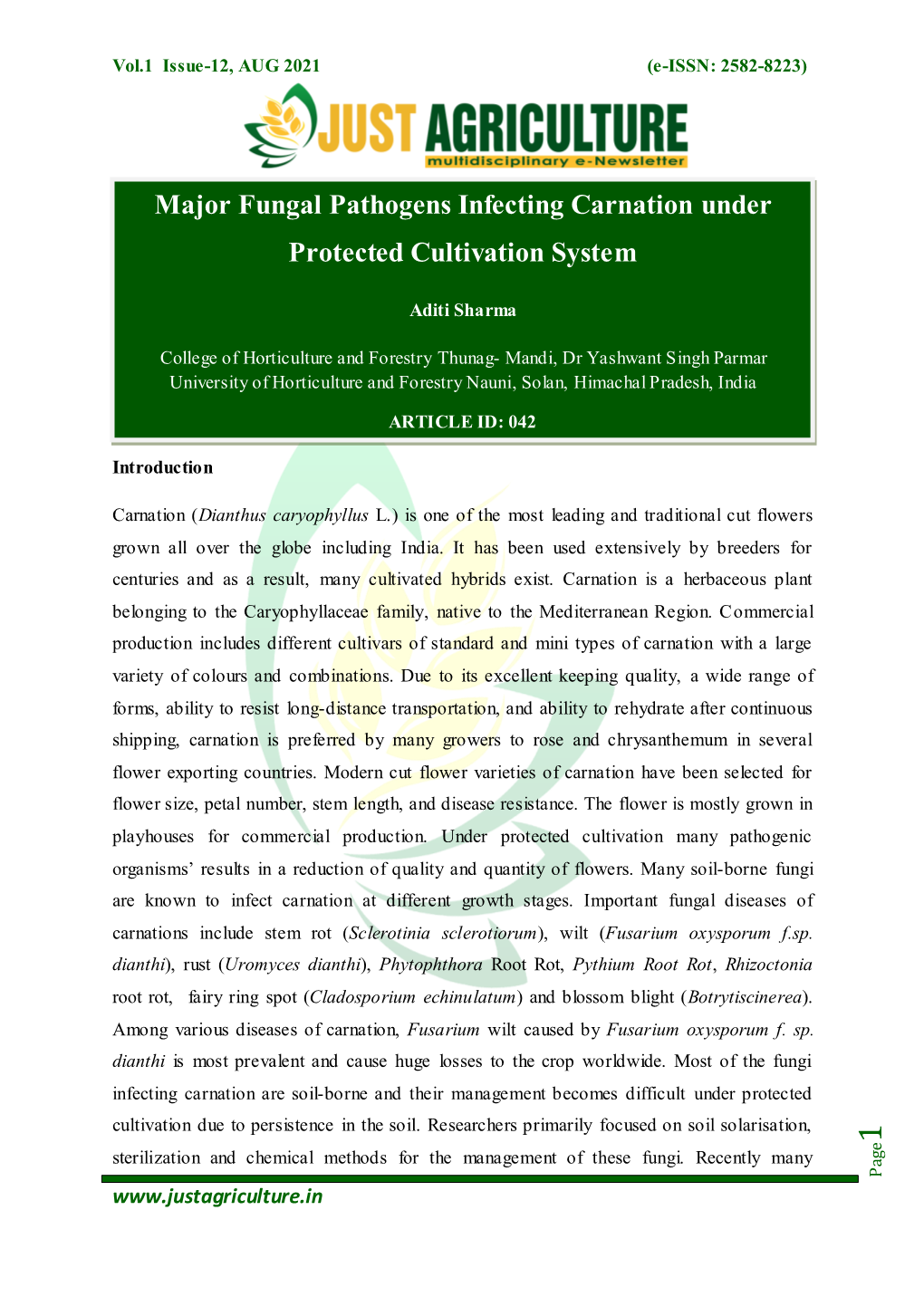 Major Fungal Pathogens Infecting Carnation Under Protected