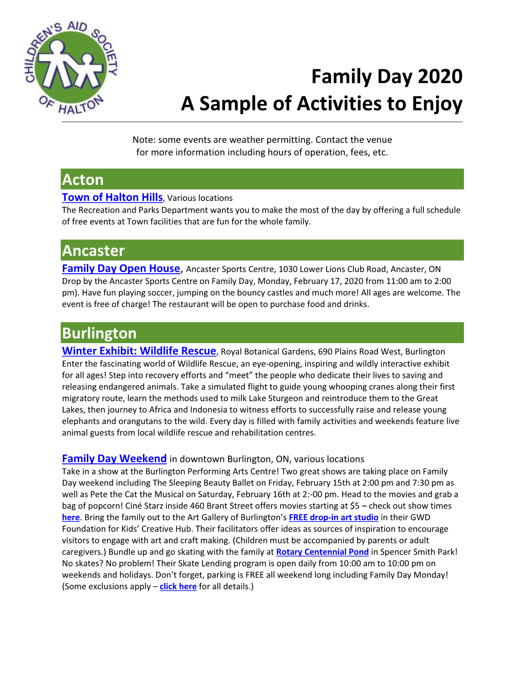 Family Day 2020 a Sample of Activities to Enjoy