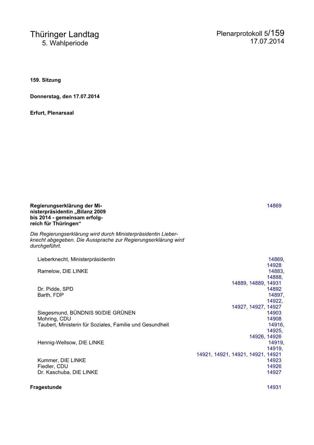 Thüringer Landtag Plenarprotokoll 5/159 5