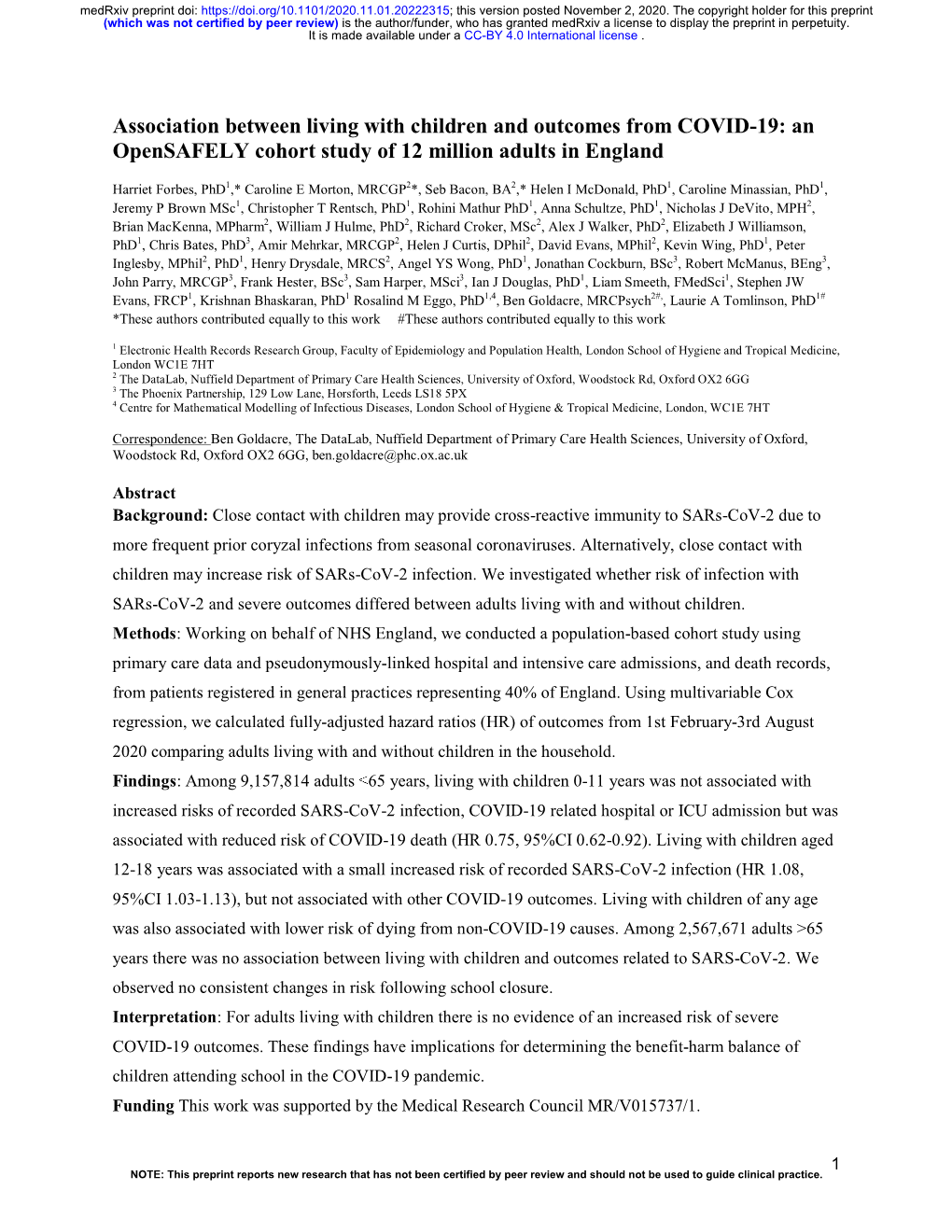Association Between Living with Children and Outcomes from COVID-19: an Opensafely Cohort Study of 12 Million Adults in England