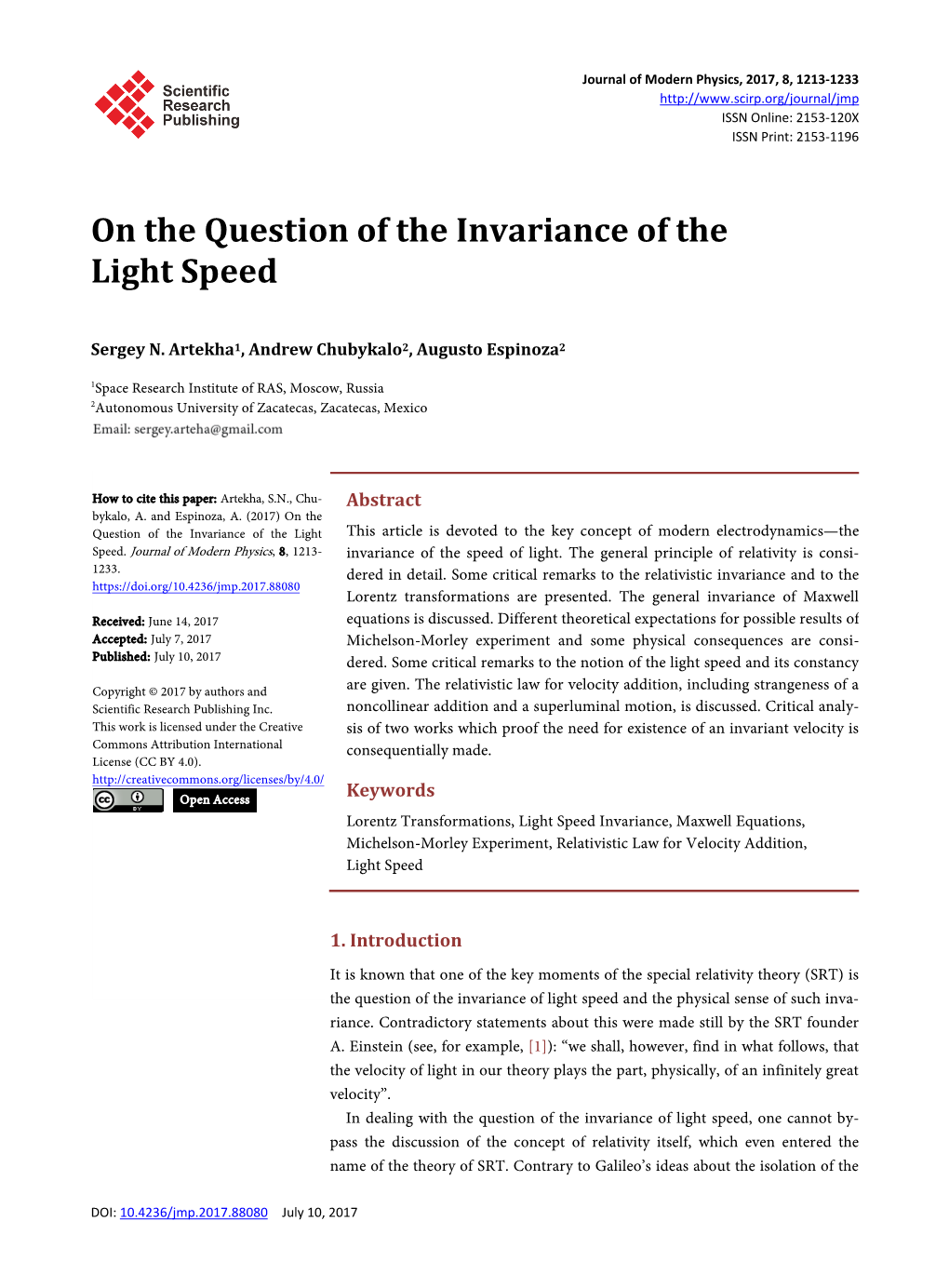 On the Question of the Invariance of the Light Speed