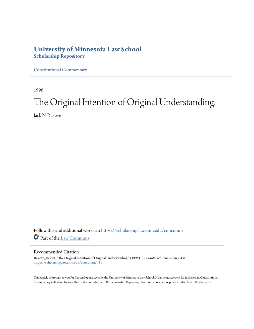 The Original Intention of Original Understanding. Jack N