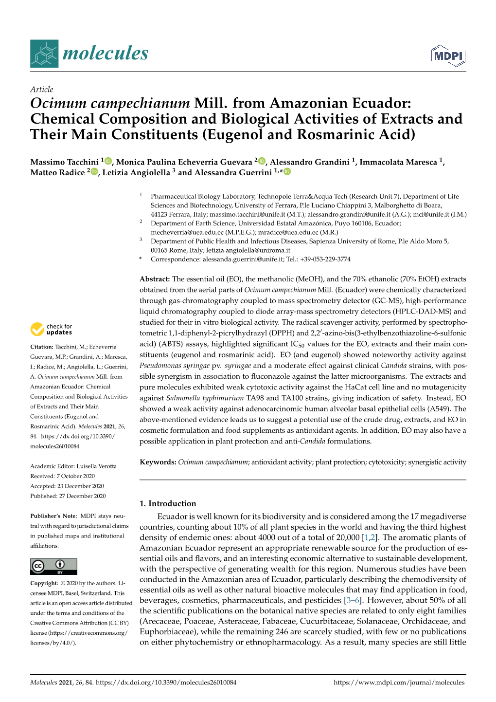 Ocimum Campechianum Mill. from Amazonian Ecuador: Chemical Composition and Biological Activities of Extracts and Their Main Constituents (Eugenol and Rosmarinic Acid)