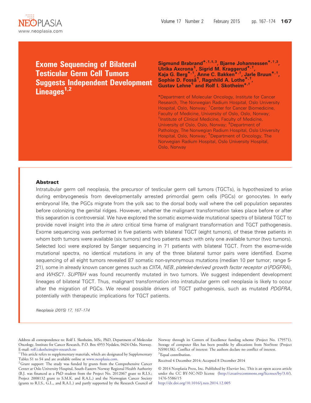 Exome Sequencing of Bilateral Testicular Germ Cell Tumors