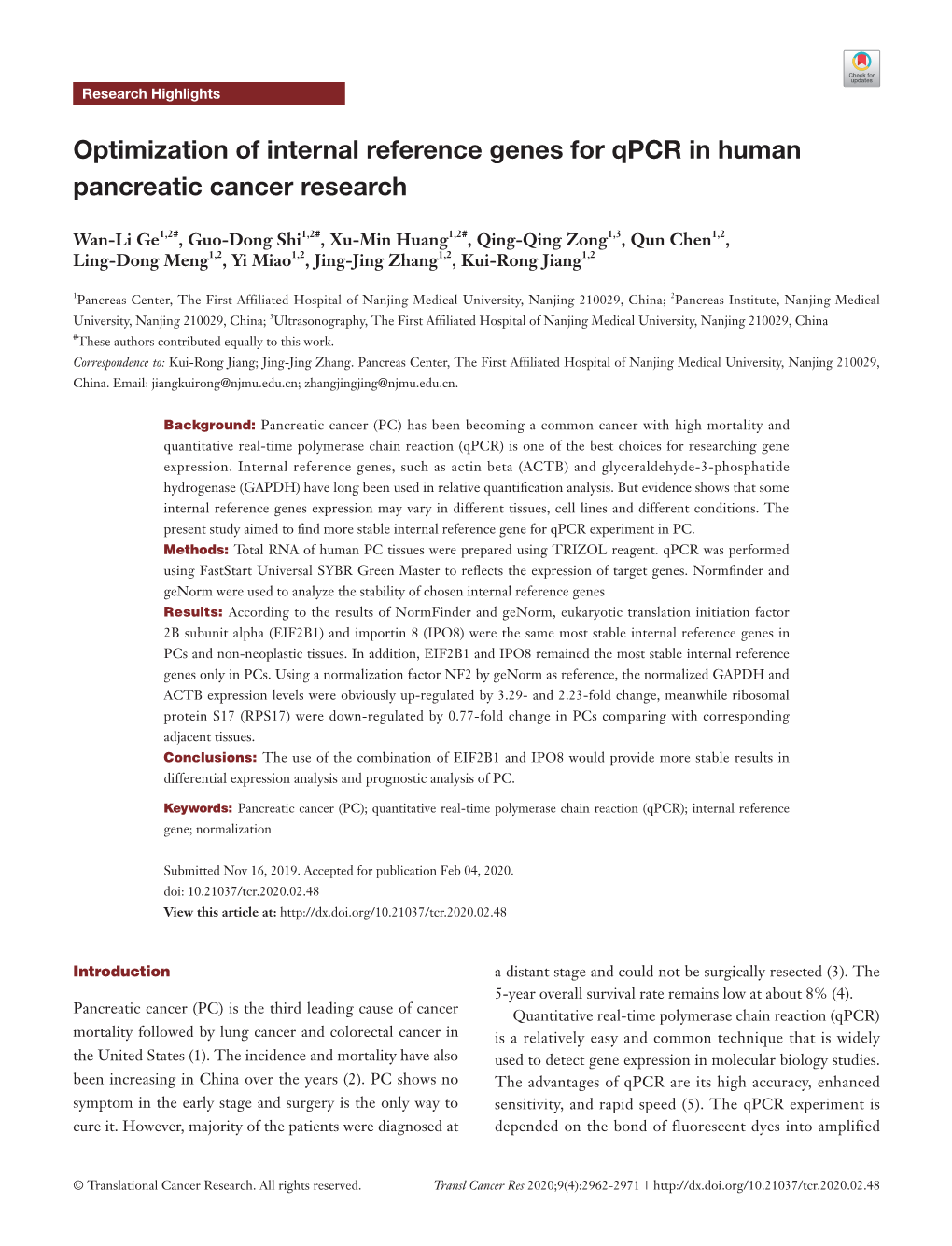 Optimization of Internal Reference Genes for Qpcr in Human Pancreatic Cancer Research