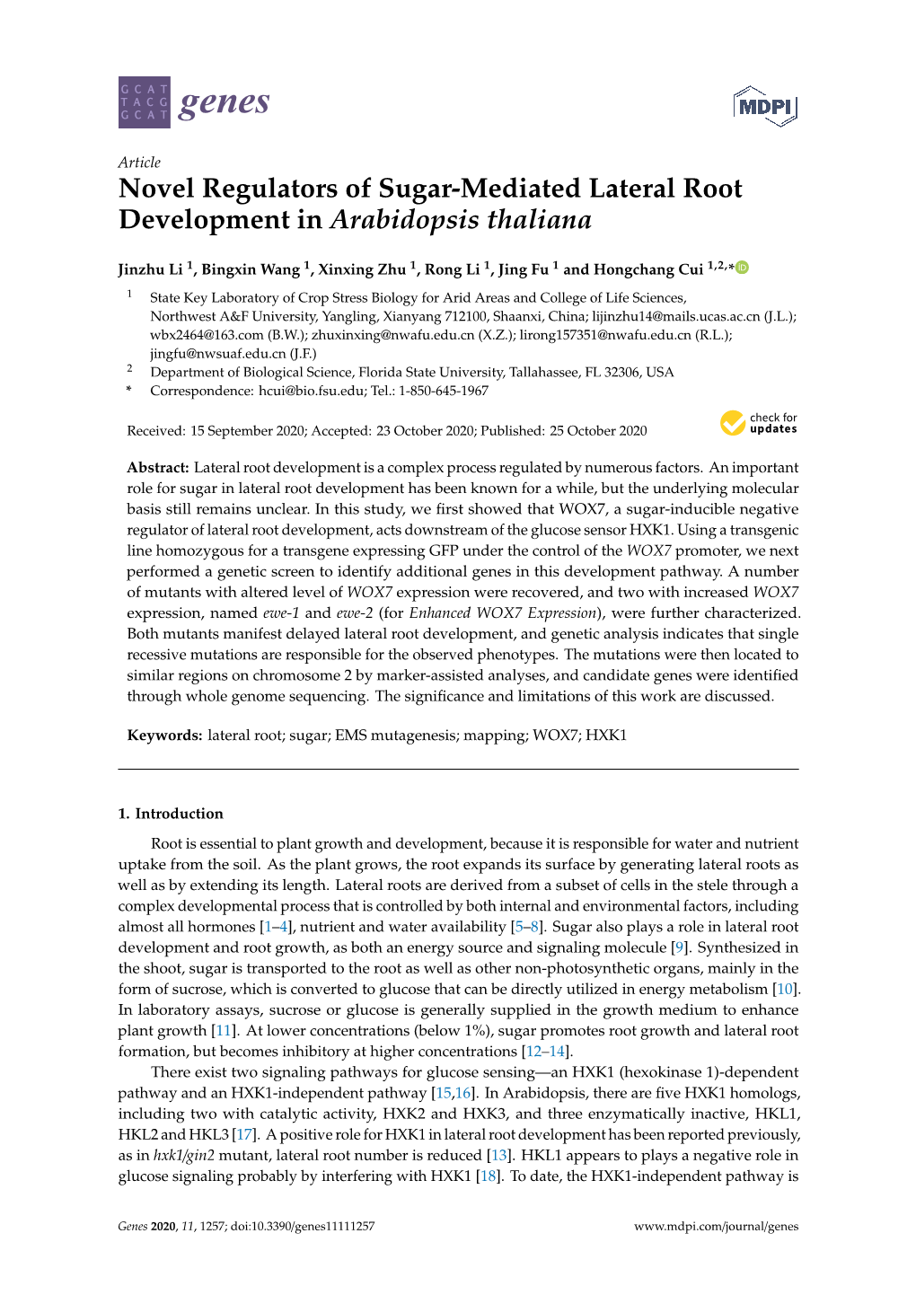 Novel Regulators of Sugar-Mediated Lateral Root Development in Arabidopsis Thaliana