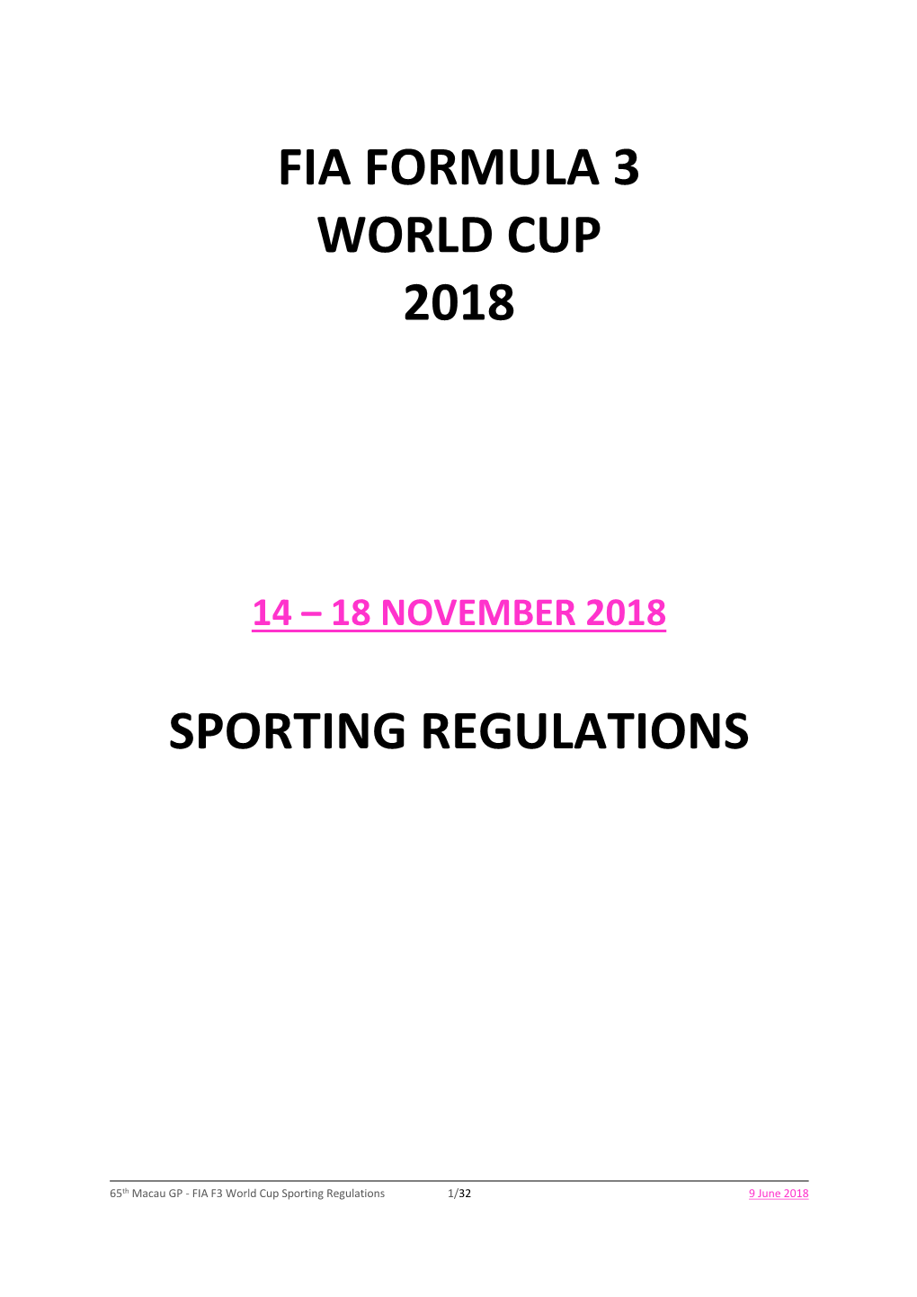 Fia Formula 3 World Cup 2018 Sporting Regulations