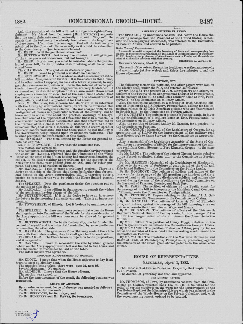CONGRESSIONAL RECORD-HOUSE. 2487 ~­ and This Provision of the Bill Will Not Abridge the Rights of Any AMERICAN CITIZENS in PERSIA