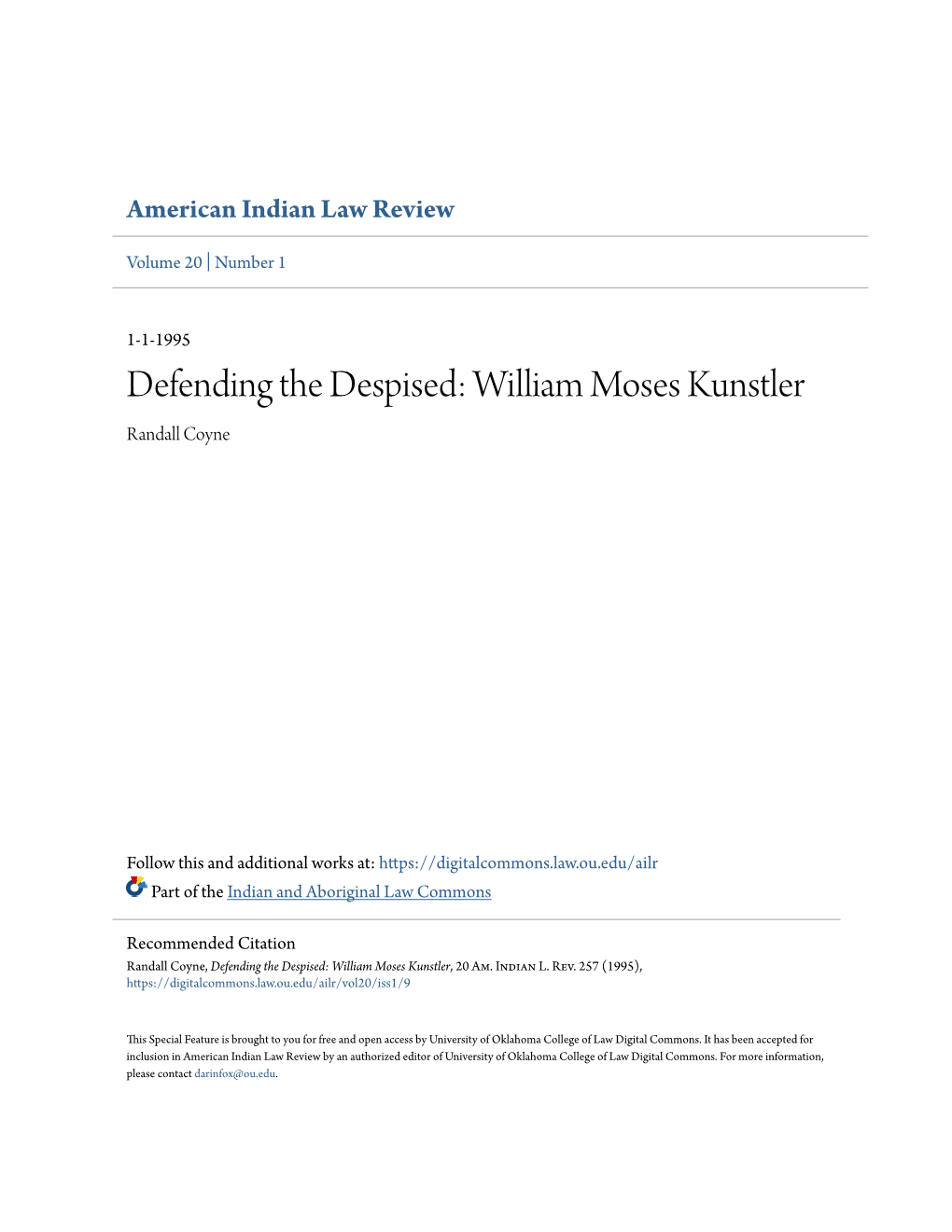 Defending the Despised: William Moses Kunstler Randall Coyne