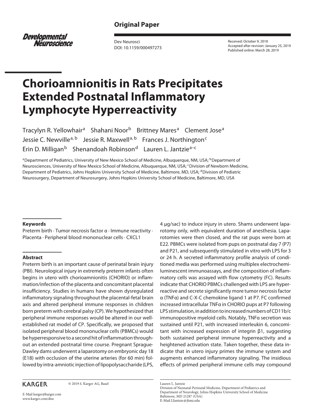 Chorioamnionitis in Rats Precipitates Extended Postnatal Inflammatory Lymphocyte Hyperreactivity