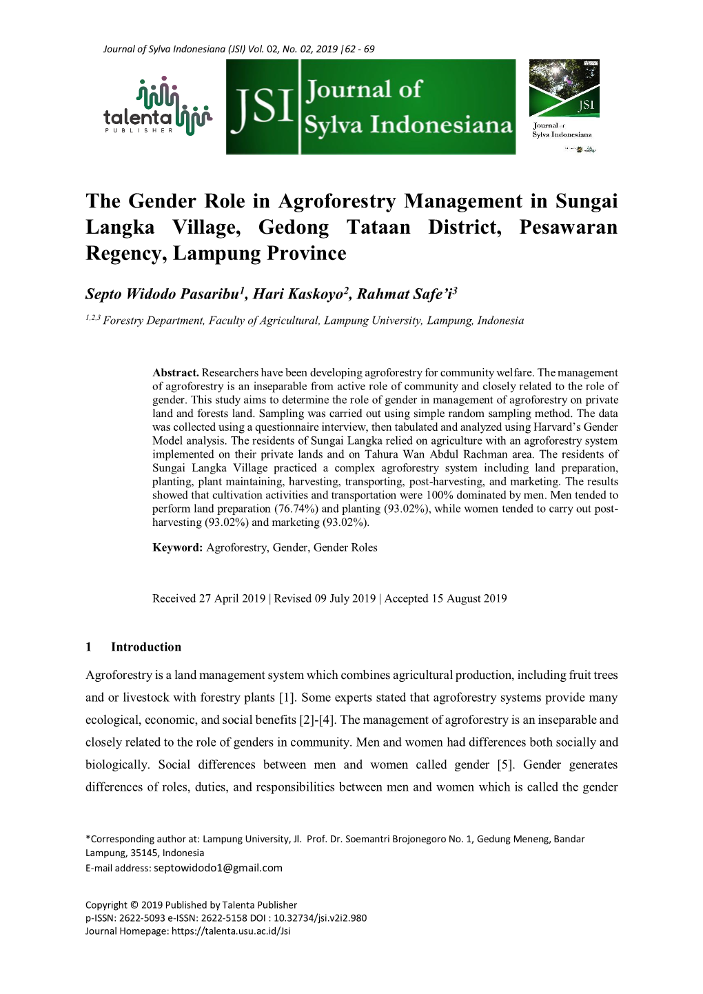The Gender Role in Agroforestry Management in Sungai Langka Village, Gedong Tataan District, Pesawaran Regency, Lampung Province