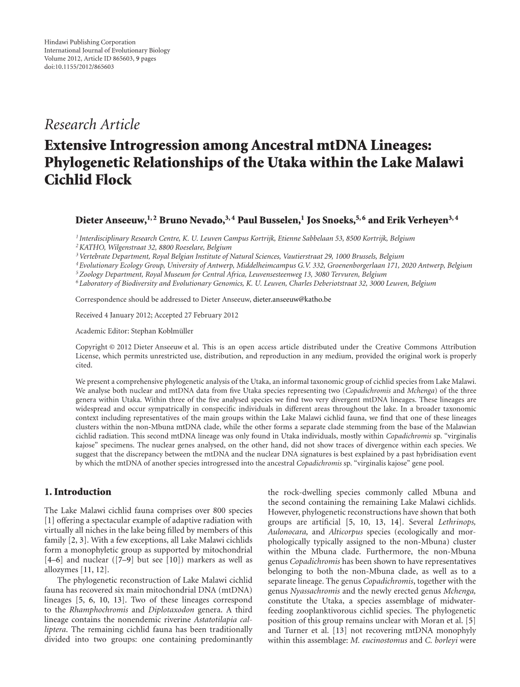 Extensive Introgression Among Ancestral Mtdna Lineages: Phylogenetic Relationships of the Utaka Within the Lake Malawi Cichlid Flock