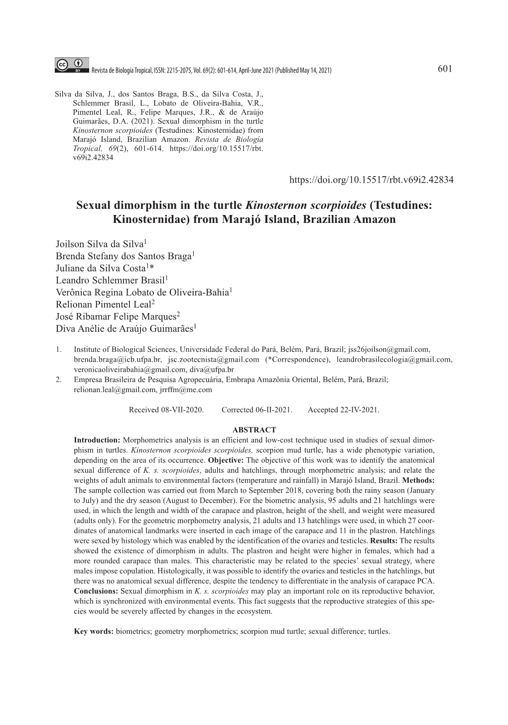 Sexual Dimorphism in the Turtle Kinosternon Scorpioides (Testudines: Kinosternidae) from Marajó Island, Brazilian Amazon