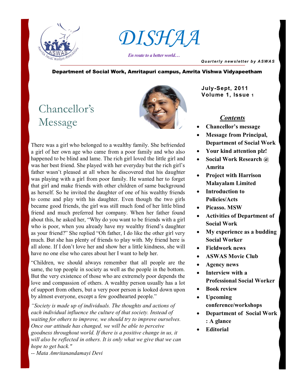 DISHAA En Route to a Better World… Quarterly Newsletter by ASWAS Department of Social Work, Amritapuri Campus, Amrita Vishwa Vidyapeetham