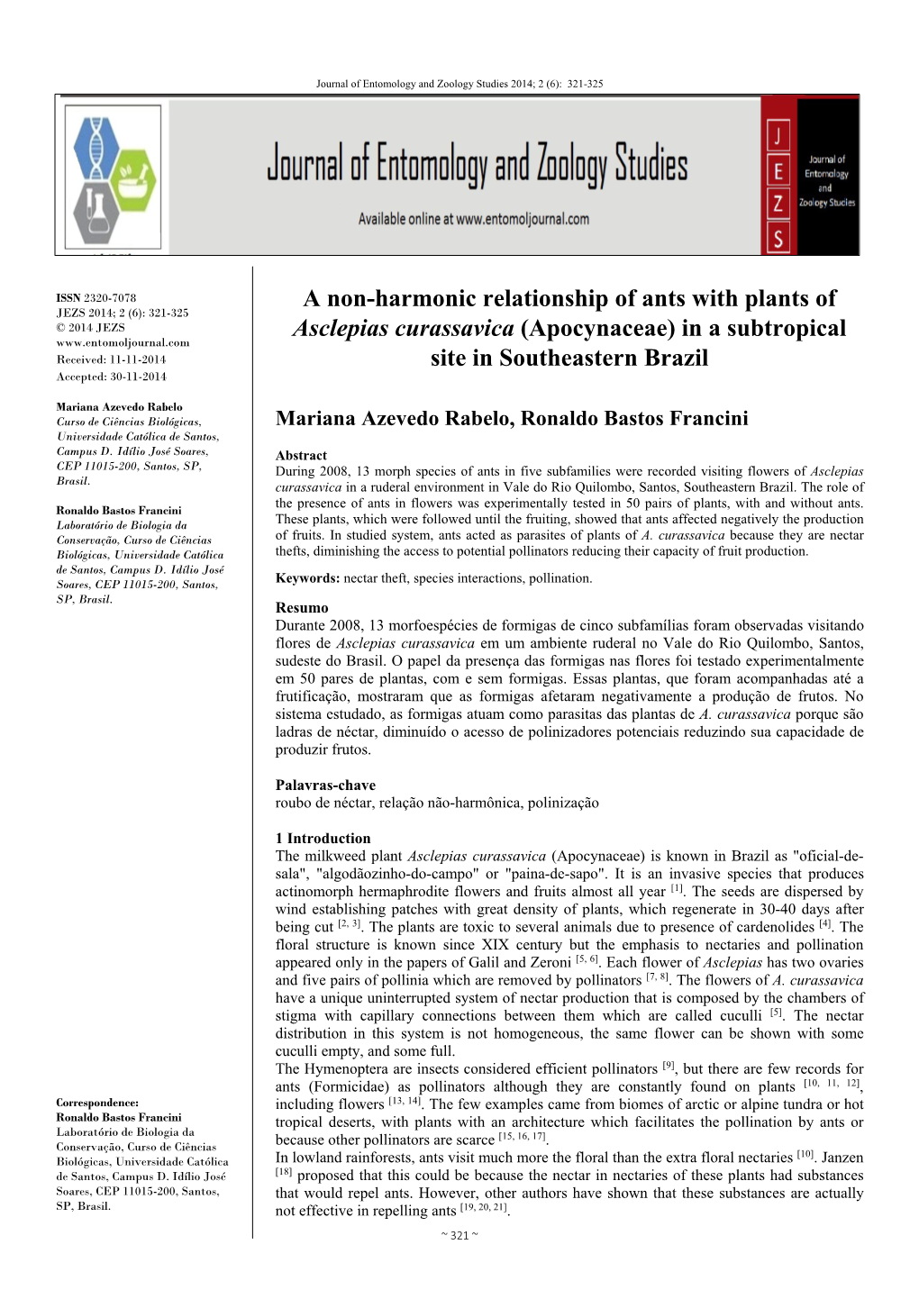 A Non-Harmonic Relationship of Ants with Plants of Asclepias Curassavica (Apocynaceae) in a Subtropical Site in Southeastern