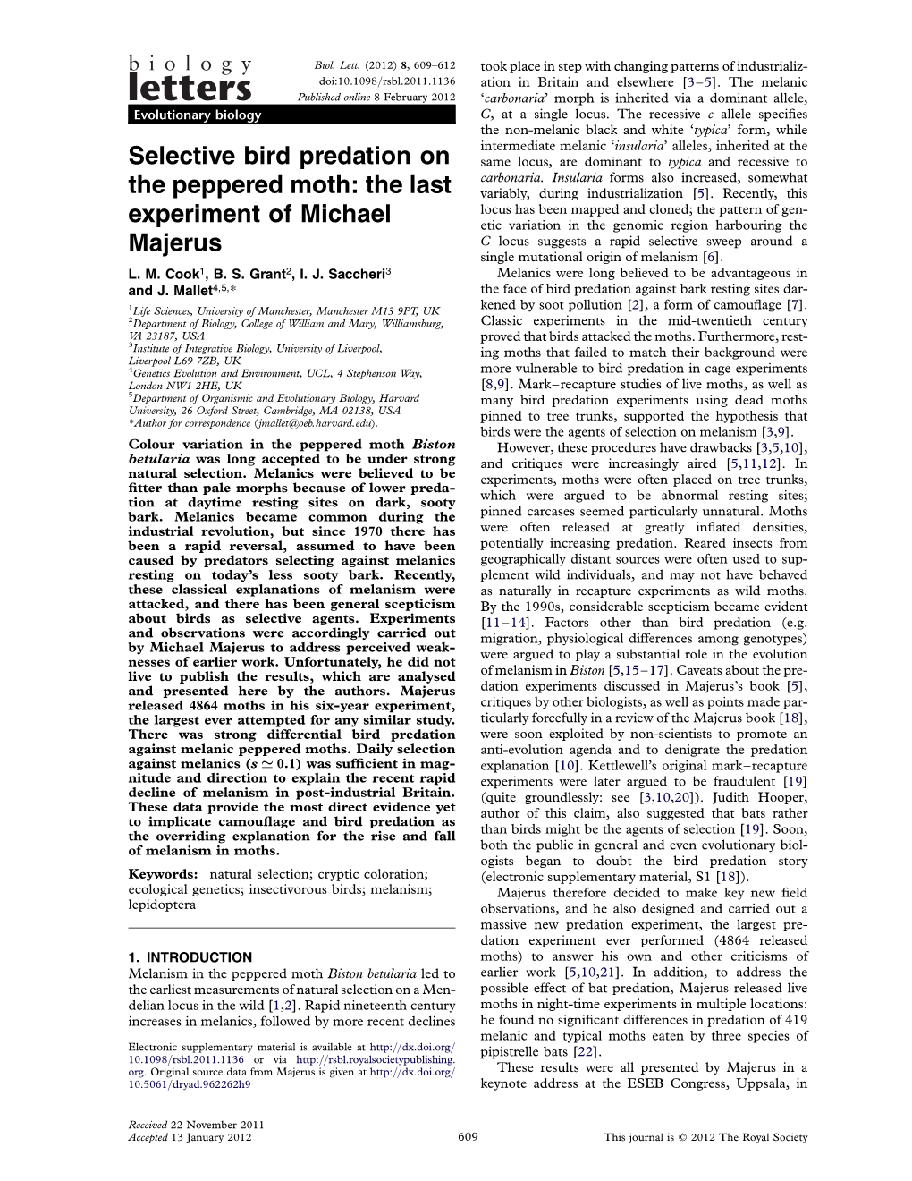 Selective Bird Predation on the Peppered Moth: the Last Experiment