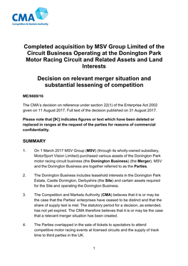 Completed Acquisition by MSV Group Limited of the Circuit Business Operating at the Donington Park Motor Racing Circuit and Related Assets and Land Interests