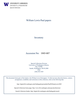 1885-007 William Lewis Paul Papers Inventory Accession
