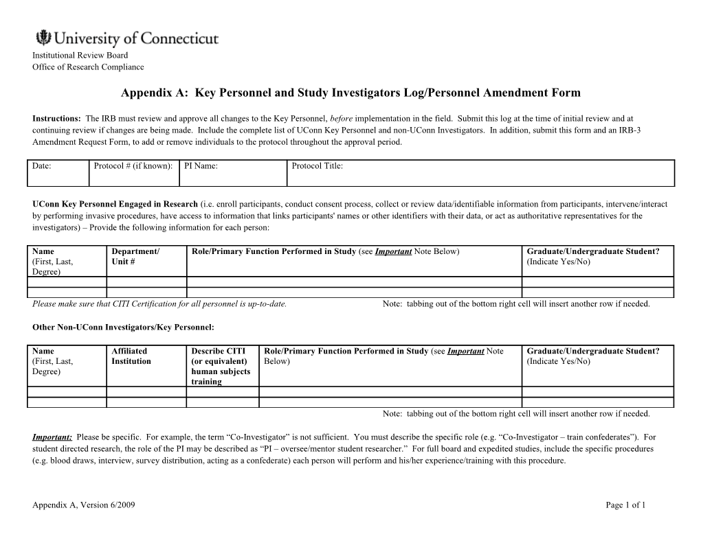 Appendix A: Key Personnel and Study Investigators Log/Personnel Amendment Form