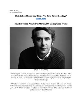 Chris Cohen Shares New Single “No Time to Say Goodbye” Listen Here