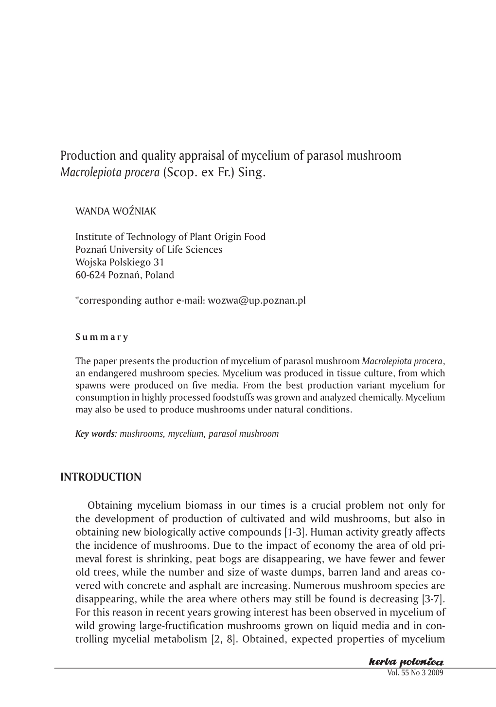 Production and Quality Appraisal of Mycelium of Parasol Mushroom Macrolepiota Procera (Scop