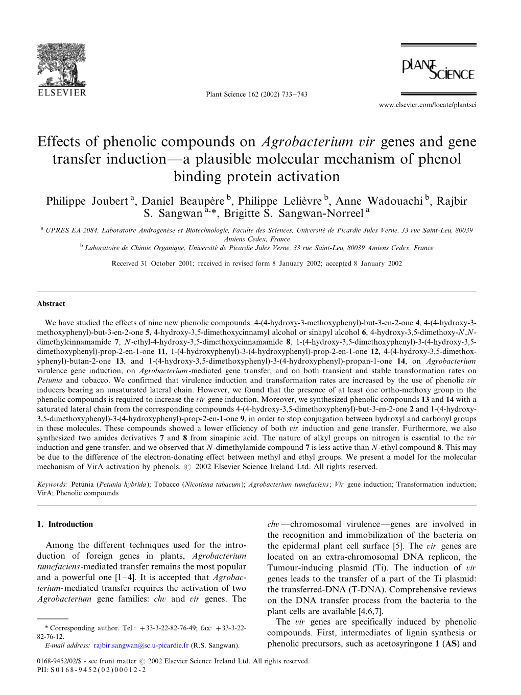 Effects of Phenolic Compounds on Agrobacterium Vir Genes and Gene