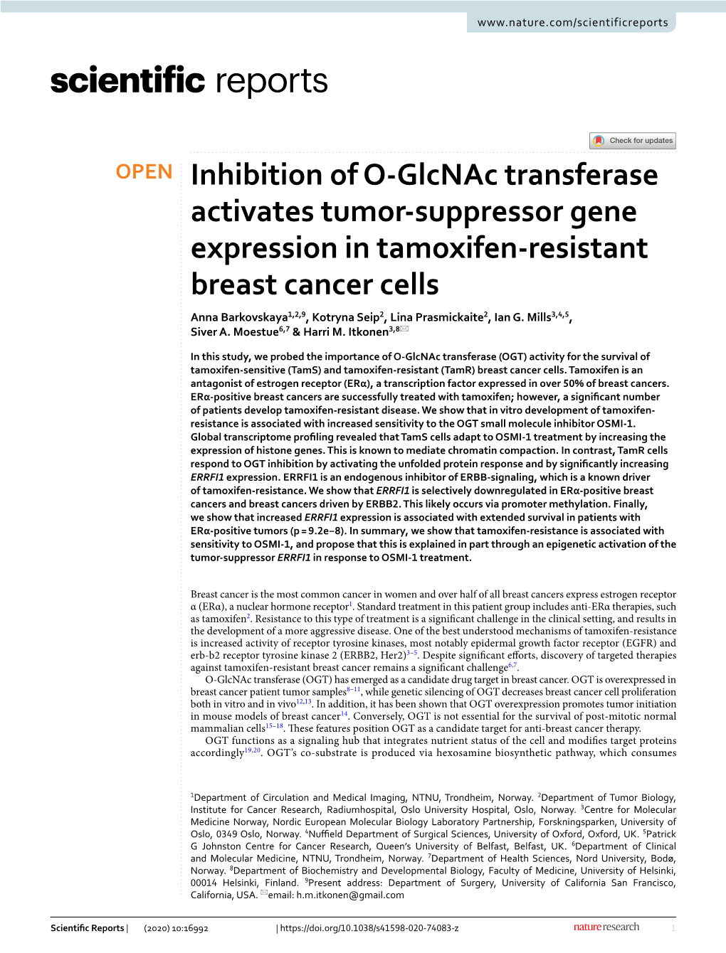 Inhibition of O-Glcnac Transferase Activates Tumor-Suppressor Gene