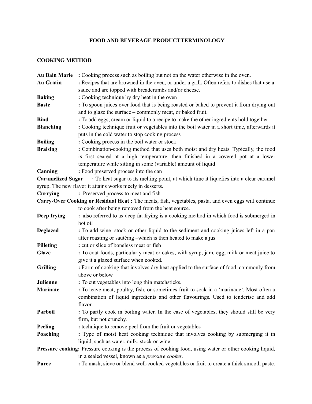 Food and Beverage Productterminology