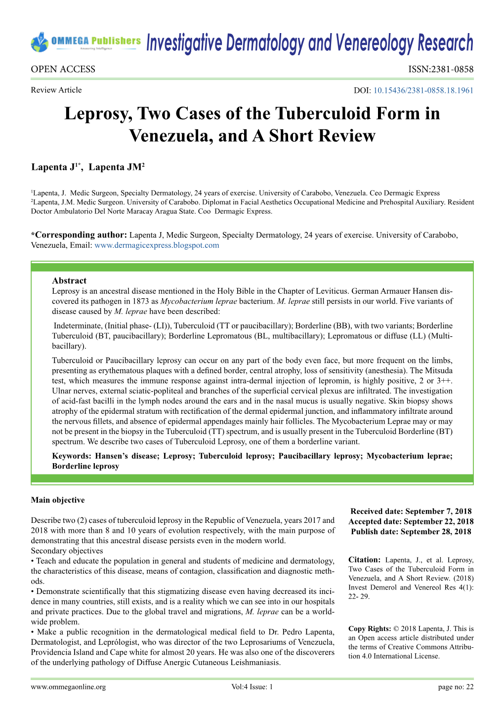 Investigative Dermatology and Venereology Research OPEN ACCESS ISSN:2381-0858