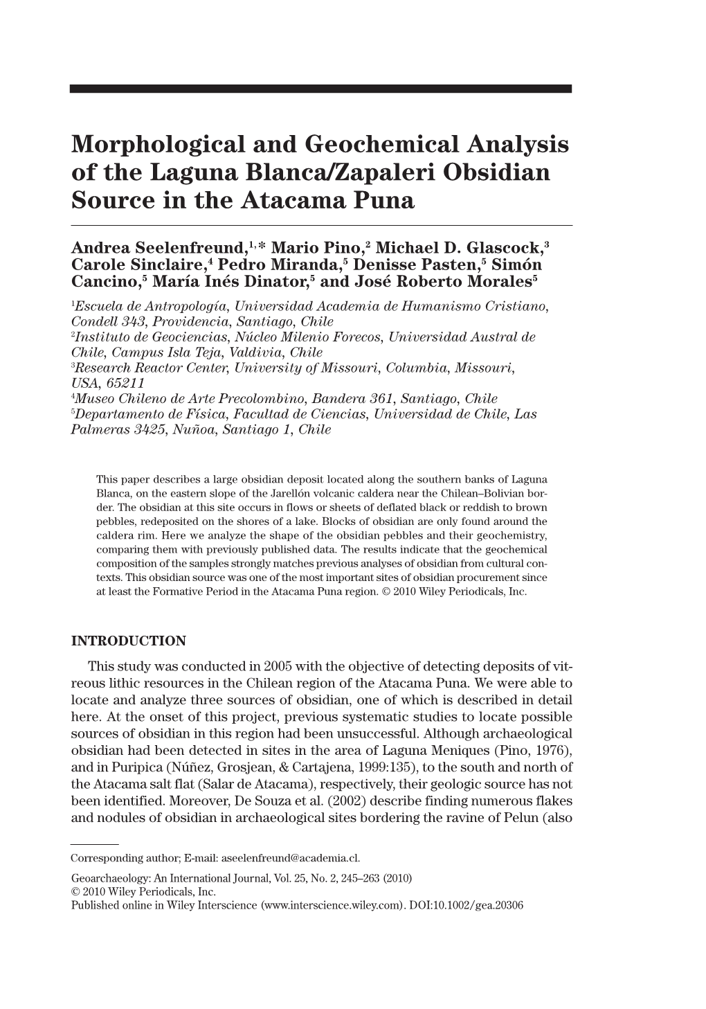 Morphological and Geochemical Analysis of the Laguna Blanca/Zapaleri Obsidian Source in the Atacama Puna