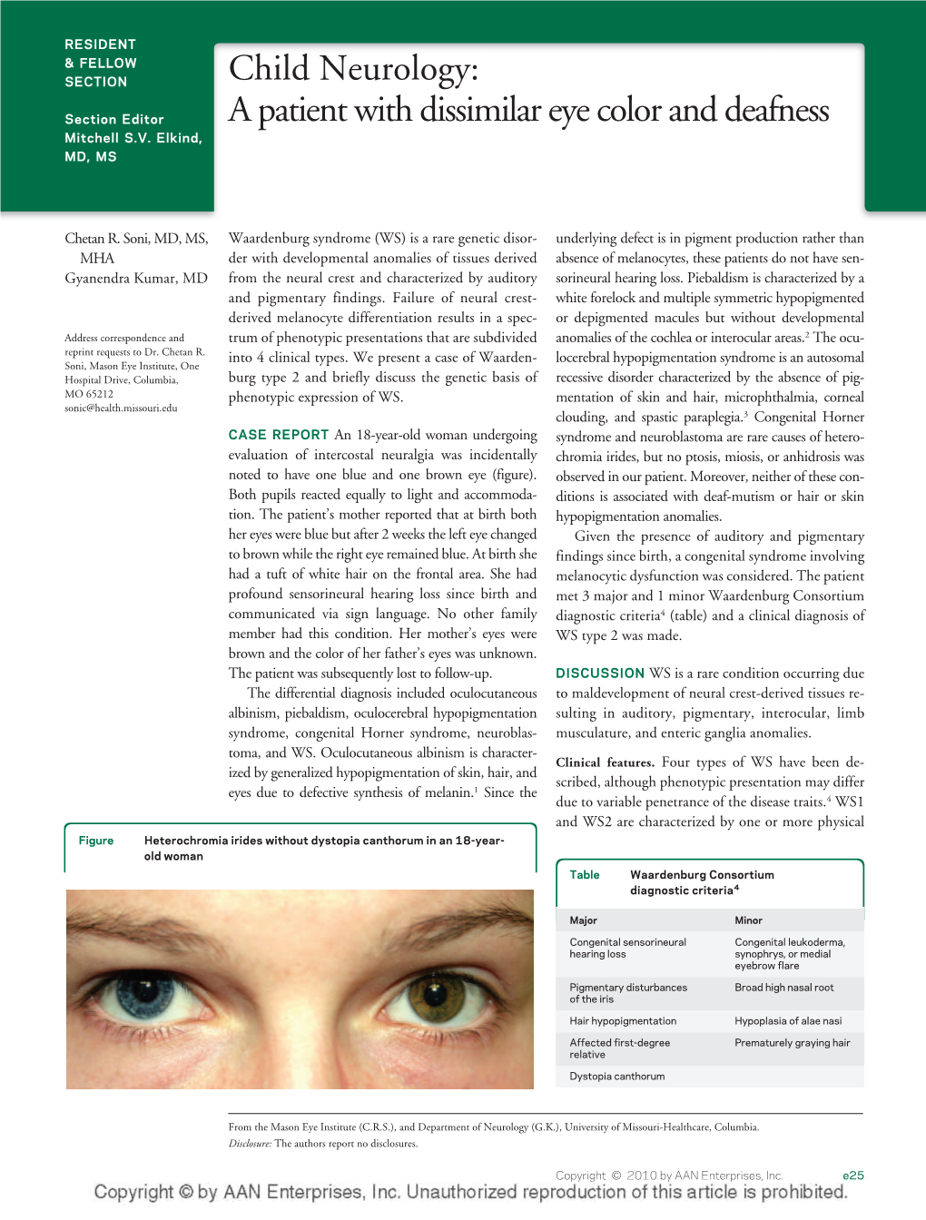 Child Neurology: a Patient with Dissimilar Eye Color and Deafness Chetan R