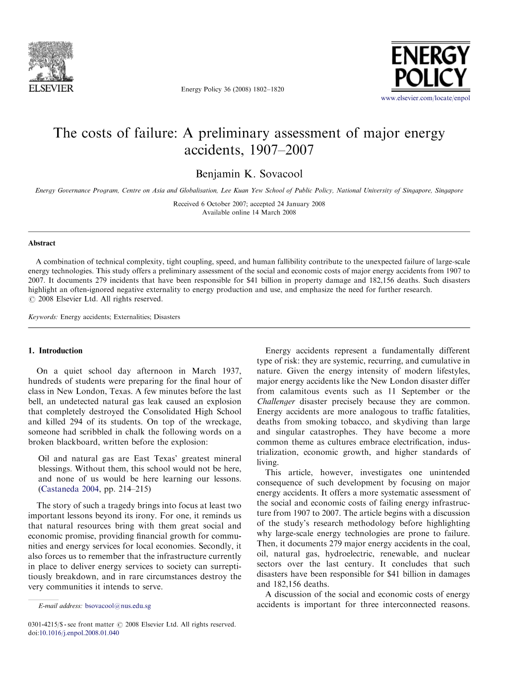 A Preliminary Assessment of Major Energy Accidents, 1907￢ﾀﾓ2007