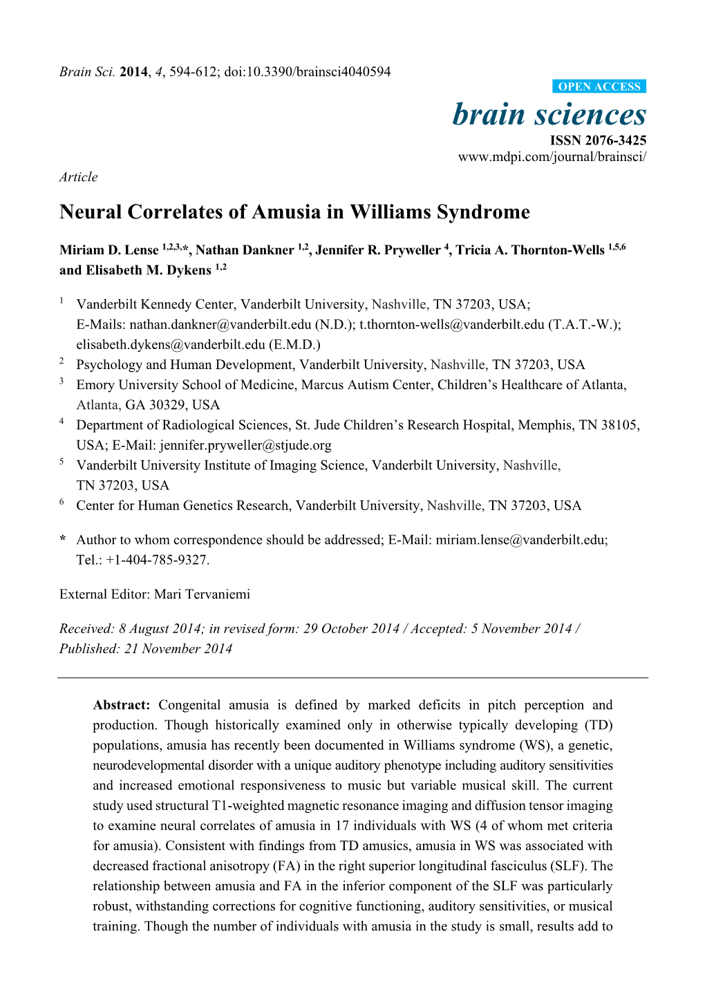 Neural Correlates of Amusia in Williams Syndrome