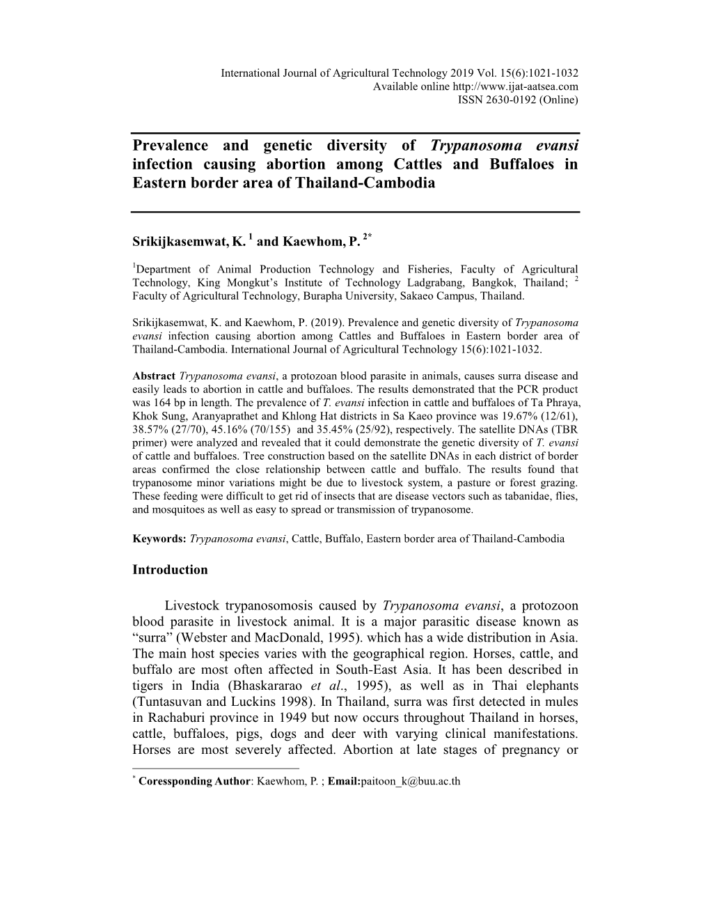 Prevalence and Genetic Diversity of Trypanosoma Evansi Infection Causing Abortion Among Cattles and Buffaloes in Eastern Border Area of Thailand-Cambodia