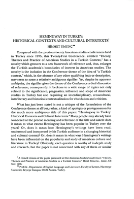 Hemingway in Turkey: Historical Contexts and Cultural Intertexts