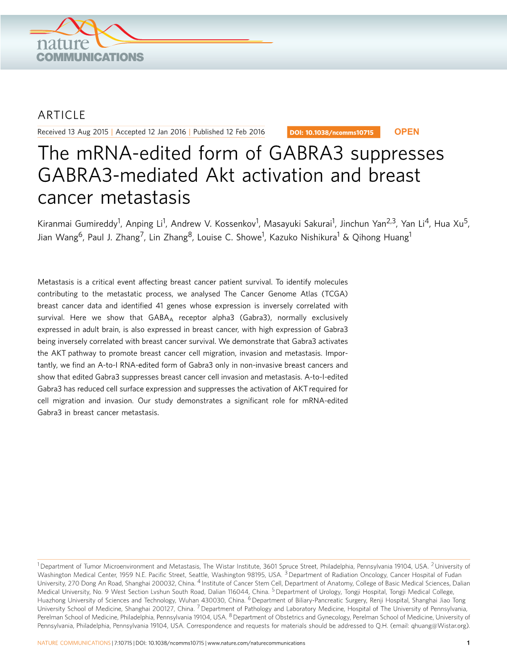 The Mrna-Edited Form of GABRA3 Suppresses GABRA3-Mediated Akt Activation and Breast Cancer Metastasis