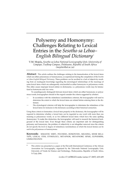 Polysemy and Homonymy — a Case Study of the Challenges Relating To