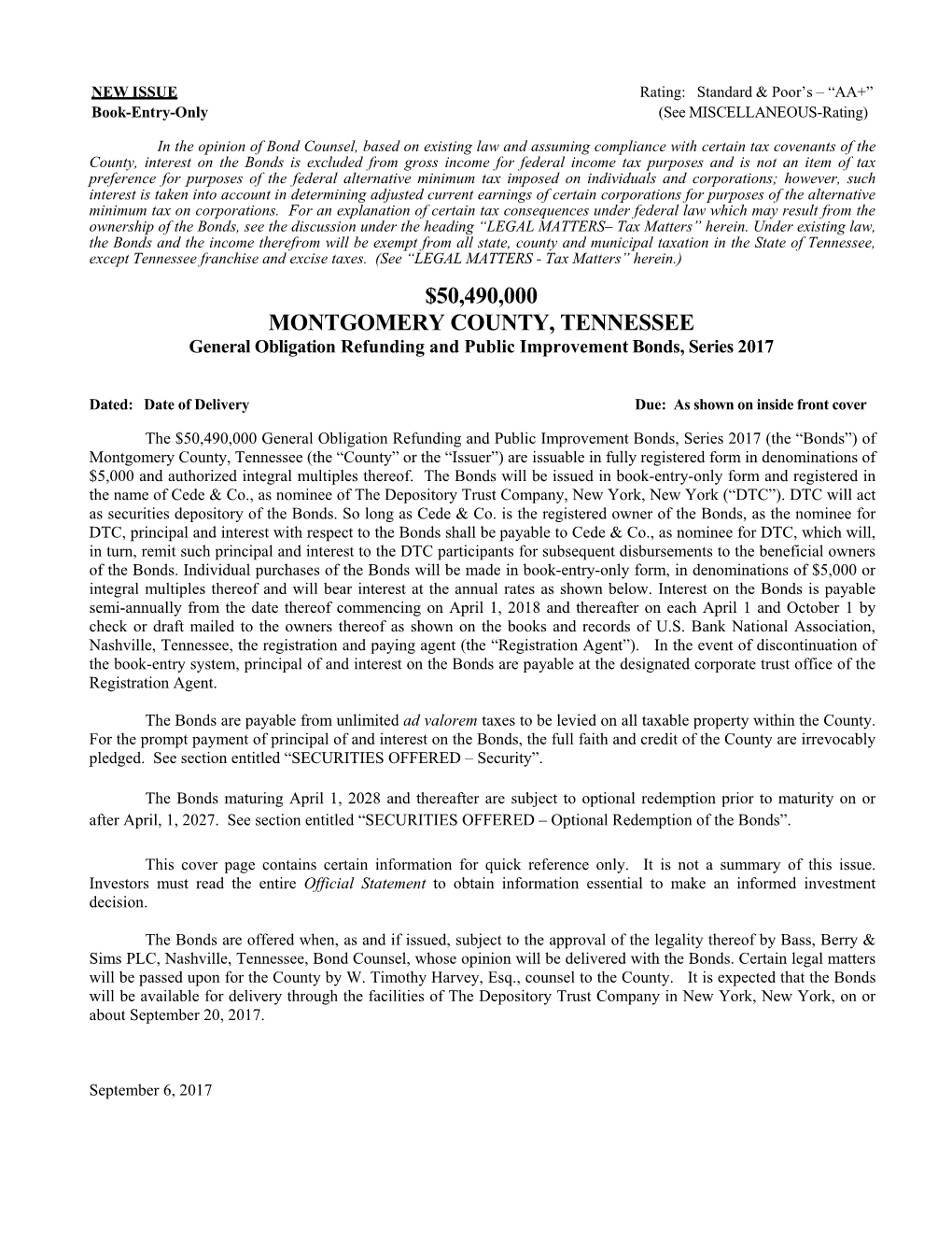 $50,490,000 MONTGOMERY COUNTY, TENNESSEE General Obligation Refunding and Public Improvement Bonds, Series 2017