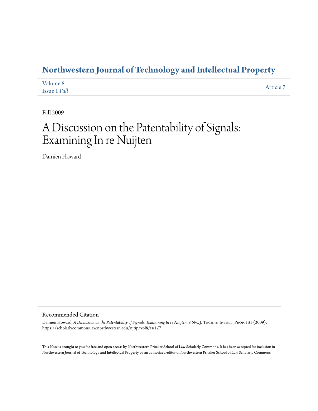 A Discussion on the Patentability of Signals: Examining in Re Nuijten Damien Howard