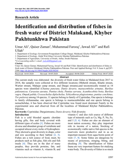 Identification and Distribution of Fishes in Fresh Water of District Malakand, Khyber Pakhtunkhwa Pakistan