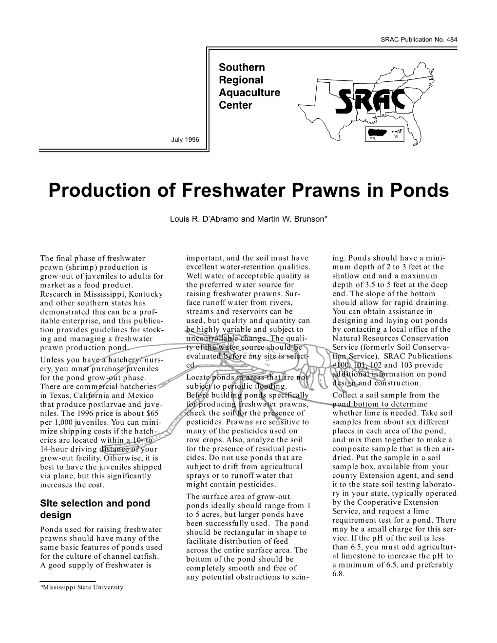 Production of Freshwater Prawns in Ponds