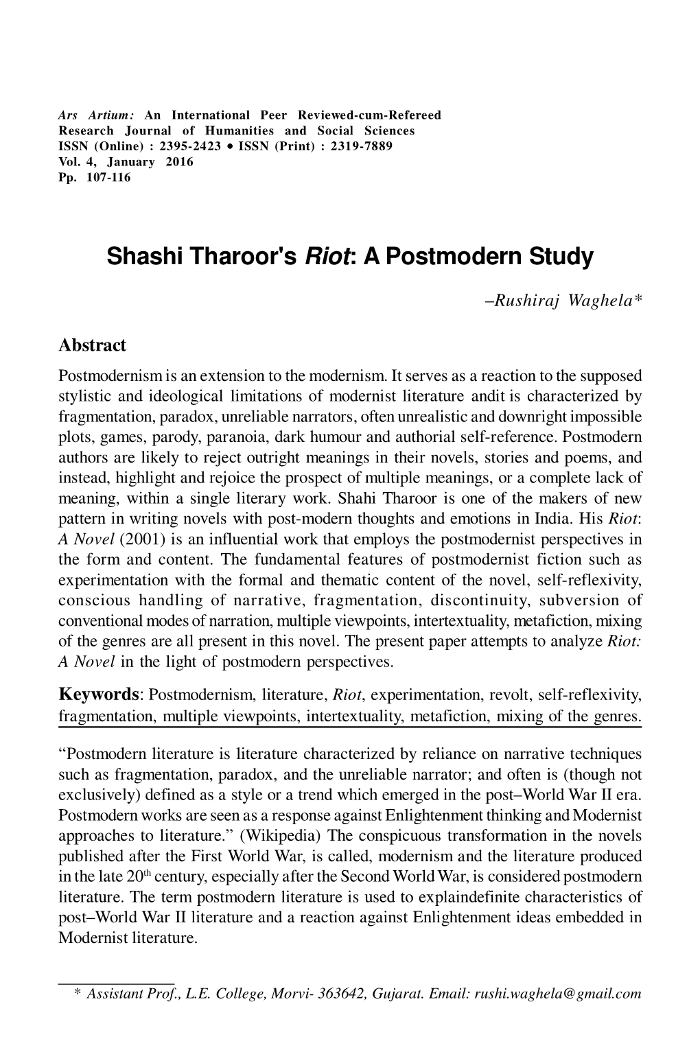 Shashi Tharoor's Riot: a Postmodern Study