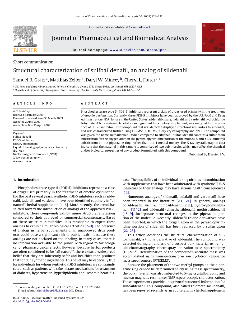 Journal of Pharmaceutical and Biomedical Analysis Structural Characterization of Sulfoaildenafil, an Analog of Sildenafil