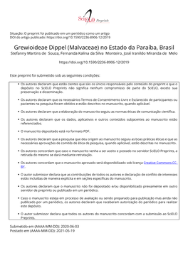 Grewioideae Dippel (Malvaceae) No Estado Da Paraíba, Brasil Stefanny Martins De Souza, Fernanda Kalina Da Silva Monteiro, José Iranildo Miranda De Melo