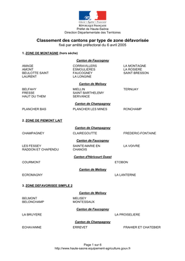 Classement Des Cantons Par Type De Zone Défavorisée Fixé Par Arrêté Préfectoral Du 6 Avril 2005