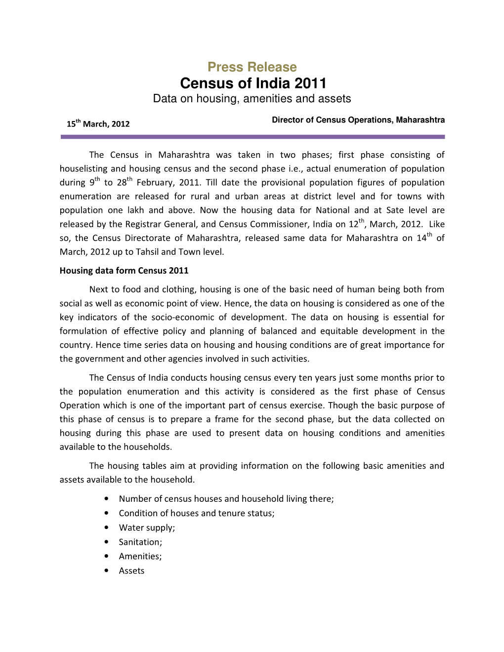 Census of India 2011 Data on Housing, Amenities and Assets